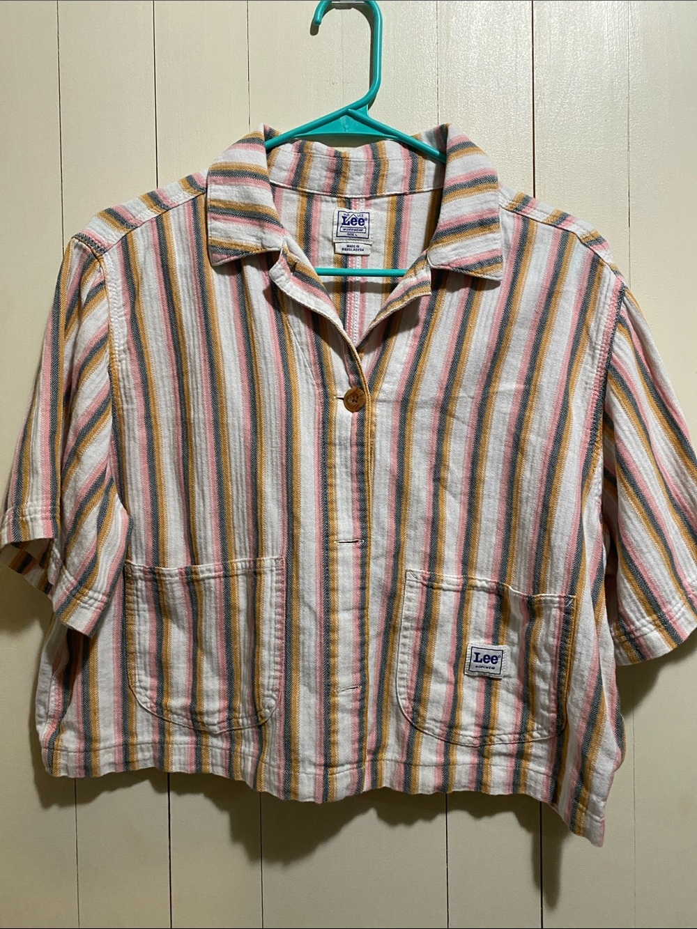Lee Workwear Womens Pastel Striped Cropped Short Sleeve Shirt Size L Camp Collar